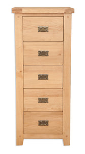 Canberra Oak 5 Drawer Narrow Chest - Natural Finish