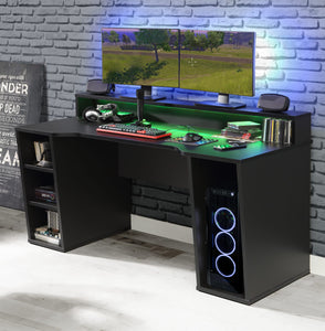 Tezaur Black Gaming Desk 2 Shelves with Colour Changing LED